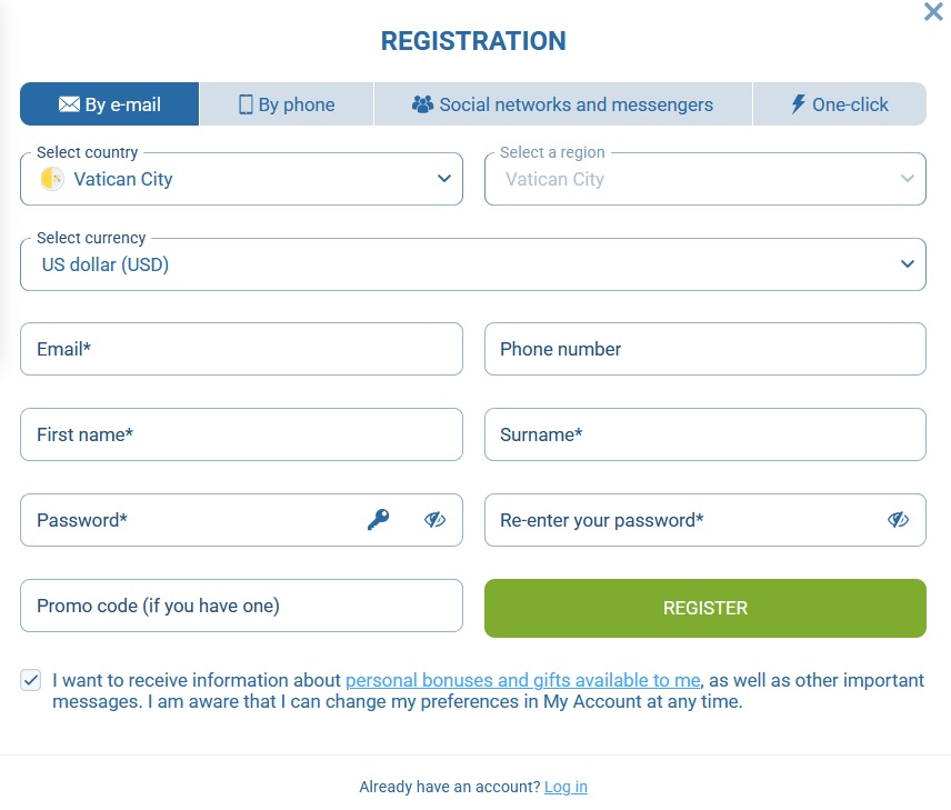 1XBET registration form: one-click, by phone, by e-mail or social networks